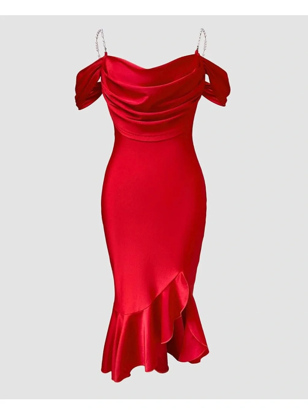 Off-Shoulder Red Midi Dress with Ruffle Hem